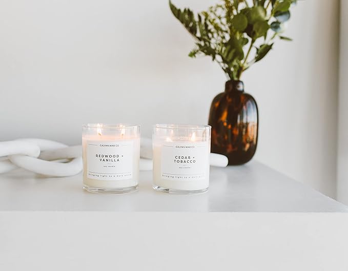Calyan Wax Co. Redwood & Vanilla 2 Wick Scented Candle - 37 Hour Burn - Luxury Non Toxic Soy Wax Candles - Long Lasting Large Glass Jar Candle for Home - 8.8oz