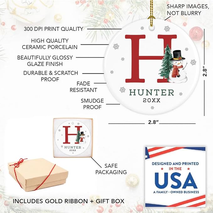 Andaz Press Personalized Ornament, Custom Name, Initial H Monogram Snowman 2.8" Ceramic Porcelain 2025 Christmas Ornament Keepsake for Kids, Boys, Girls, Initial Ornaments Monogram Ornaments 1-Pack