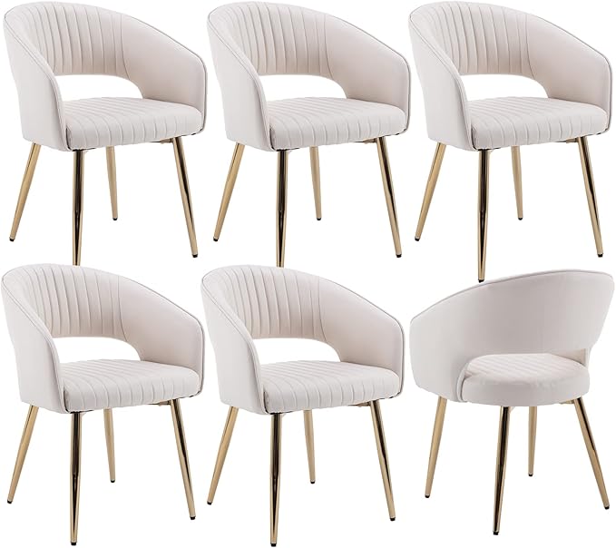 Modern Dining Chairs Set of 6, Upholstered PU Leather Gold Dining Room Chairs with Hollow Back, Accent Armrest Kitchen Chairs with Gold Legs for Living Room Cream
