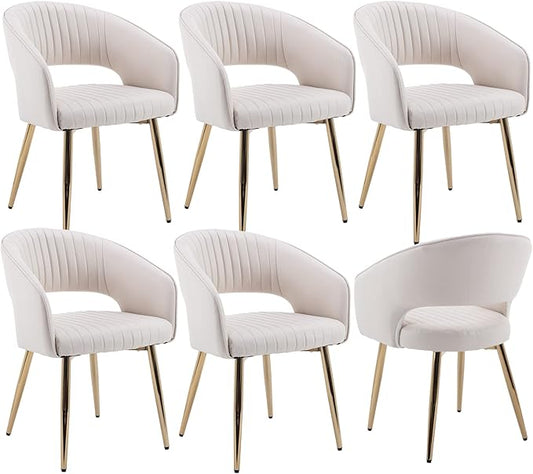 Modern Dining Chairs Set of 6, Upholstered PU Leather Gold Dining Room Chairs with Hollow Back, Accent Armrest Kitchen Chairs with Gold Legs for Living Room Cream