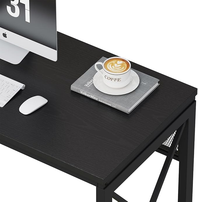 BON AUGURE Black Computer Desk, Modern Gaming Desk, Industrial Wood Office Desks, Sturdy Writing Desks for Home Office, Living Room, Study Workstation, Bedroom (Black, 54 Inch)