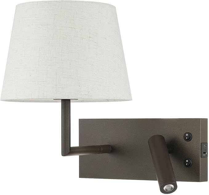 XiNBEi Lighting Hardwired Wall Sconce with LED Reading Lamp, Bedroom Wall Lamp with USB Port & Switch Rotatable Wall Light with Linen Fabric Shade for Bedside Living Room, Dark Bronze XB-W462-LED-DB