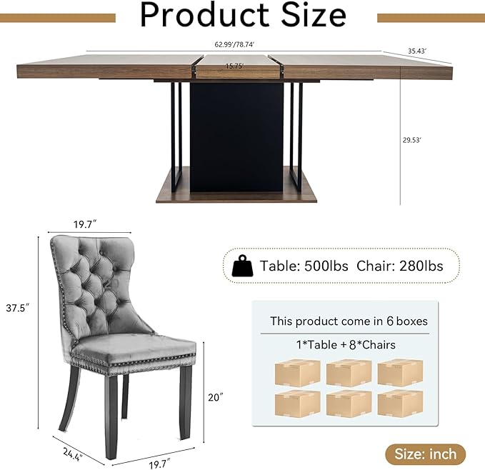 Goujxcy 78.7" Farmhouse Extendable Dining Room Table Set for 8, 9-Piece Rectangle Kitchen Dining Room Table Set with Wood Base and 8 Grey Velvet Dining Chairs, Extending Kitchen & Dining Table Set