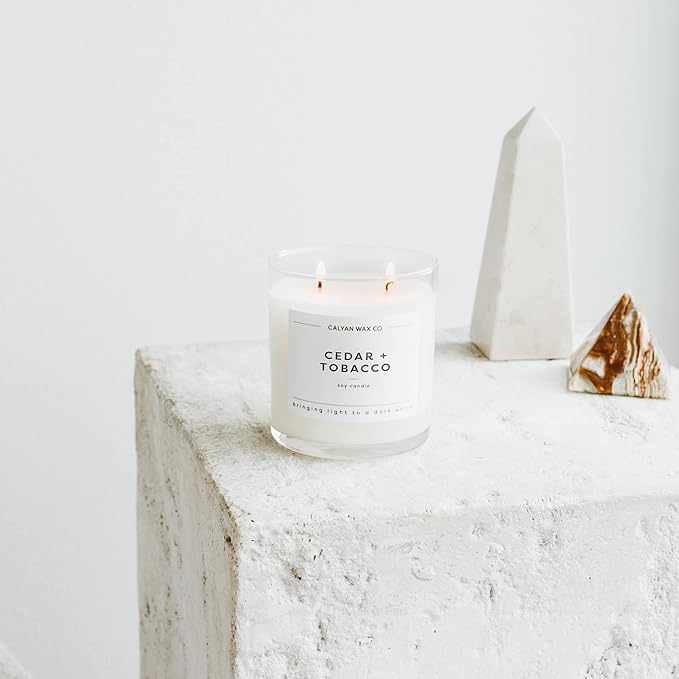 Calyan Wax Co. Cedar & Tobacco 2 Wick Scented Candle - 37 Hour Burn - Luxury Non Toxic Soy Wax Candles - Long Lasting Large Glass Jar Candle for Home - 8.8oz