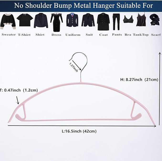 16.5 Inch Pink No Shoulder Bumps No Mark Non-Slip Rubber Coated Contour Meta Hanger for Sweater T-Shirt Suit Coat Uniform with Pants Bar Pack of 20