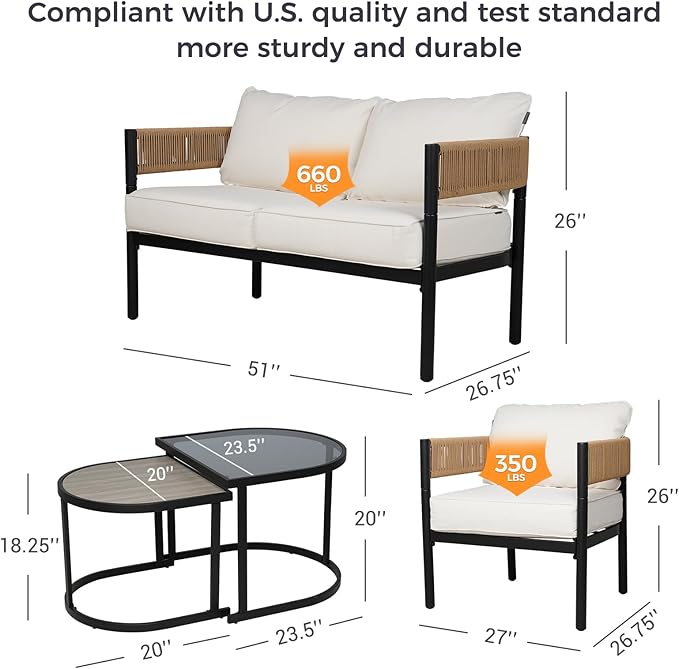 Grand patio 5-Piece Outdoor Furniture Set with Thick Cushions and Coffee Table, Wicker Sofa Conversation Set for Backyard, Natural