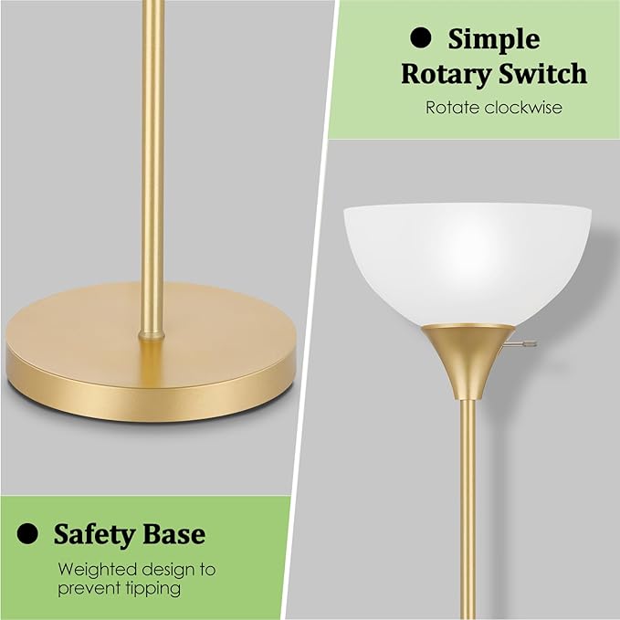 Floor Lamp, LED Standing Lamps with White Plastic Shade, Corner Floor Lights for Living Room Bedroom, Rotary Switch, Bulb not Included, Gold