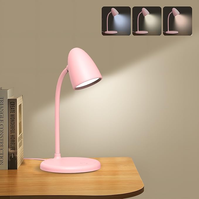 LED Desk Lamp for Home Office,3 Light Colors, Table Lamp,Dimmable Reading Light for Bedside Small Desk Lamp for College Dorm Room,Bedroom Desk Light Pink
