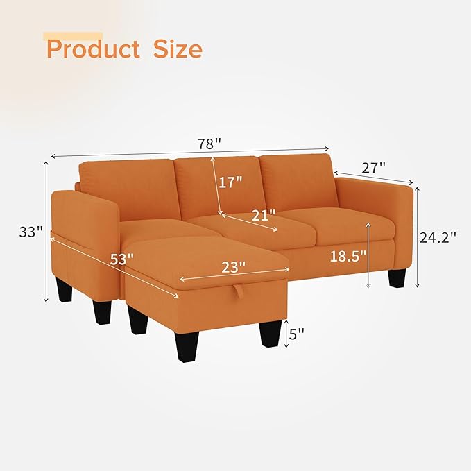 Sectional Sofa Couches for Living Room - 78''Convertible Modular Three-Seater L-Shaped Pet-Friendly Couch,Washable Sofa Cover-Bench Storage, Suitable for Small Living Room, Apartment,Office-Orange