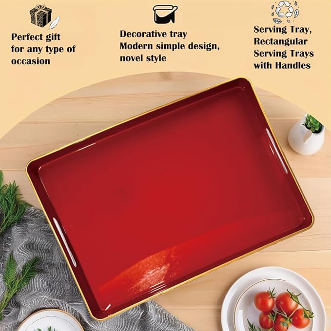 Large Red Tray, Elegant Plastic Coffee Table Tray for Ottoman, Home Decor, Living Room.16.7"*12"*1.6"