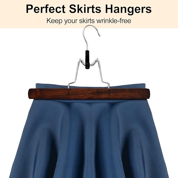 AMKUFO 20 Pack Wooden Pants Hangers with Clips Non Slip Skirt Hangers Trouser Clamp Hanger Solid Wood Hanger with 360° Swivel Hook Walnut