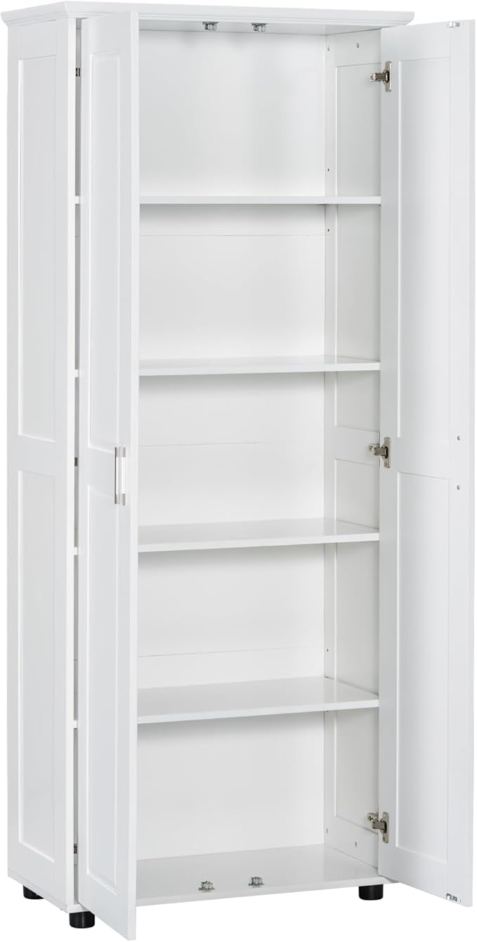 Tall Storage Cabinet with Two Doors for Bathroom, Kicthen or Living Room, 5 Tiers, Adjustable Shelf, Painted Finish, White