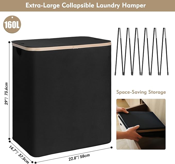 DOKEHOM 160L Double Laundry Basket with Removable Lid and Laundry Bags, Large Collapsible Laundry Hamper with 2 Sections (Black)