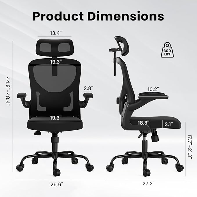 Soohow Office Chair, Ergonomic Office Mesh Desk Chair with Adjustable Back Support, High Back Comfy Computer Swivel Chair with Headrest, Lumbar Support for Study Room, Gaming and Office, Black Black