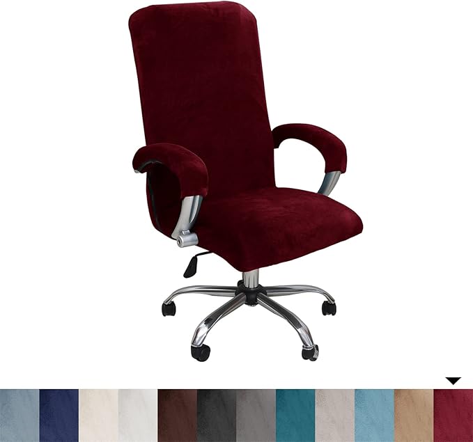 Velvet Plush Wide Large Office Chair Cover - Cat Proof Stretchable Protector for Ergonomic Office Desk Chair with Wheels and Armrests - Comfy Mesh Executive Chair for Home Office, Wine Red, XL