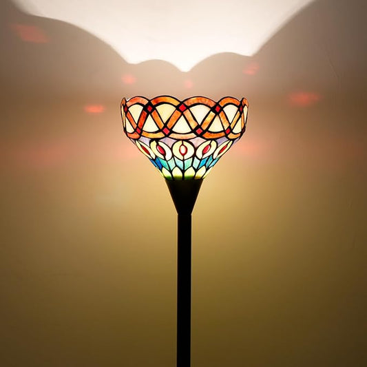 Tiffany Floor Lamp Torchiere Antique Stained Glass Lamp Yellow Peacock Tail Style Standing Light Tall Uplight Lamp for Home Decorating Reading Working