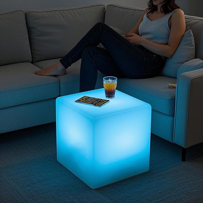 Mr.Go 15-Inch LED Cube Chair, 16 Dimmable RGB Colors Cube Seat w/Remote, Rechargeable Glowing Side Table, Waterproof Outdoor Floor Lamp for Patio, Pool, Home, Garden, Bar, Stage, Party Decor Lighting
