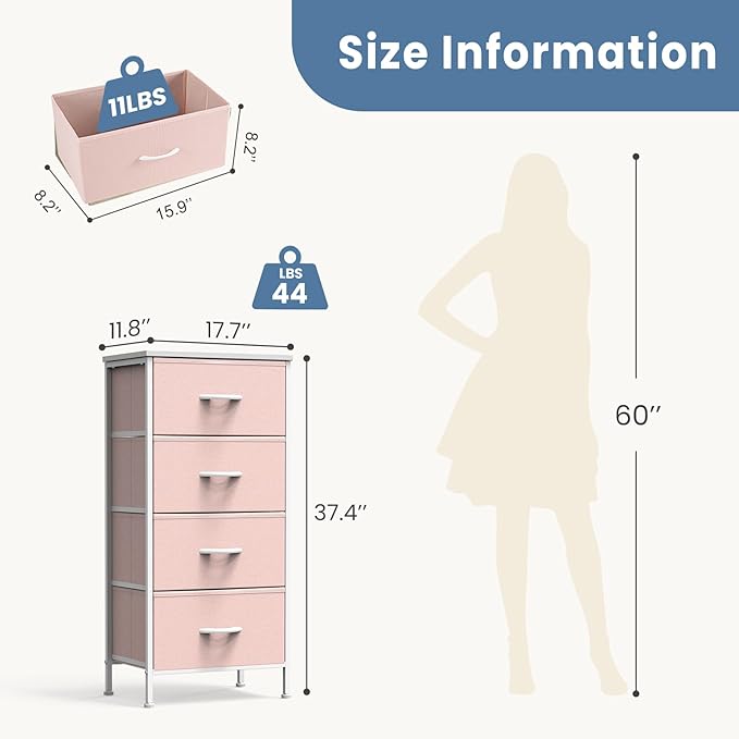 DUMOS Nightstand with 4 Drawers Bedside Table with Removable Fabric Bins Sturdy Steel Frame Wood Top Organizer Furniture for Bedroom Closet Living Room,Pink
