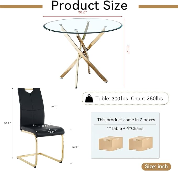 Goujxcy 5 Pieces Round Dining Table Set for 4, Modern Gold Glass Kitchen Table and Chairs for 4 with Upholstered Chairs, Circle Coffee Dining Table Set for Small Space,Apartment,Office