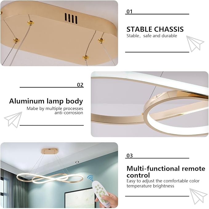 Modern Led Pendant Light for Kitchen Island Lighting Modern Gold Chandelier for Dining Room Light Fixture Over Table,Led Chandelier Light Fixture Height Adjusted (Electroplated Gold)