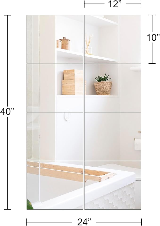 Ruomeng Full Length Wall Mirror Tiles - 12" x 10" x 8Pcs Frameless Full Body Mirror Tiles Wall Mounted Mirror for Home Gym Vanity Bedroom, Living Room