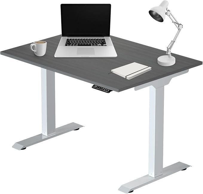 Progressive Desk Stand Up Electric Standing Desk, Compact Home Office Table, White Frame and Gray Oak MDF Tabletop Prime Ryzer 42" x 24"