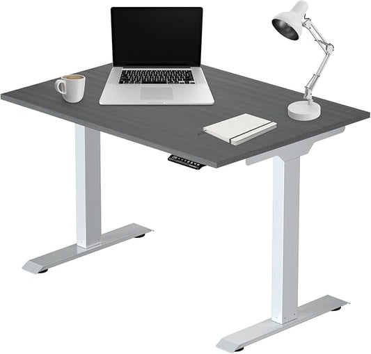 Progressive Desk Stand Up Electric Standing Desk, Compact Home Office Table, White Frame and Gray Oak MDF Tabletop Prime Ryzer 42" x 24"