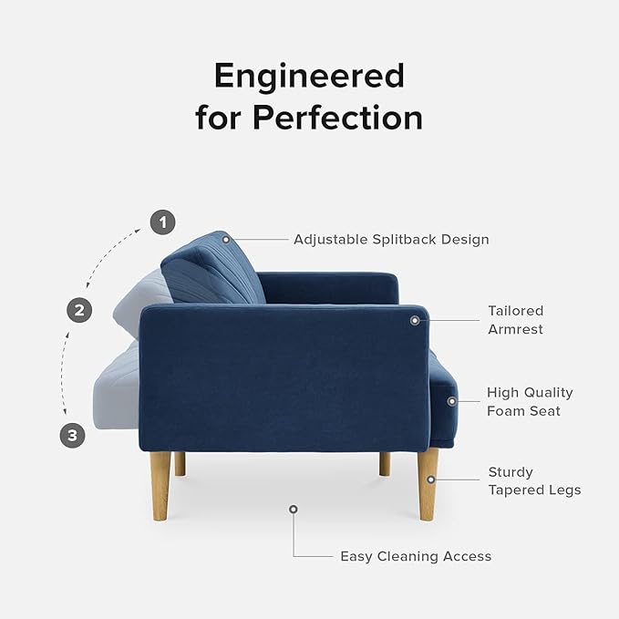 mopio 76.4" Futon Sofa Bed, Couch, Loveseat, Sleeper Sofa, Mid Century Modern Futon Couch, Sofa Cama, Couches for Living Room (Classic Blue Velvet)