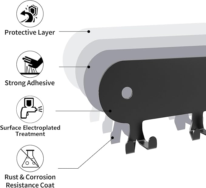 2 Pack Key Holder for Wall,Key Hooks,Key Holder Wall Mount Self Adhesive, Key Rack Wall Mount for Wall No Drill for Living Room, Kitchen, Bathroom, Garage (Black, 12 Hooks)