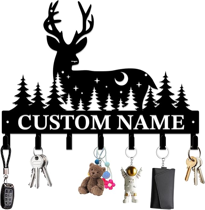 Personalized Custom Name Forest Deer Wall Keys Hooks,Metal Forest Deer Art Clothes Hooks,Metal Forest Deer Wall Home Storage Decorative,For Front Door, Hallway, Kitchen, Bedroom,Keys,Hats (Style G)