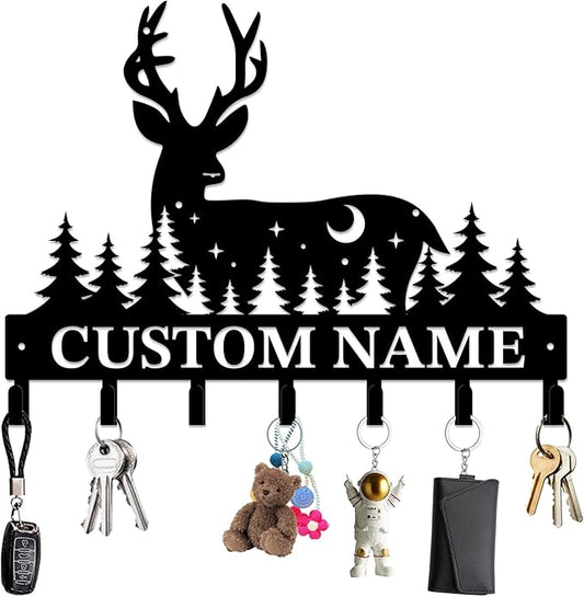 Personalized Custom Name Forest Deer Wall Keys Hooks,Metal Forest Deer Art Clothes Hooks,Metal Forest Deer Wall Home Storage Decorative,For Front Door, Hallway, Kitchen, Bedroom,Keys,Hats (Style G)