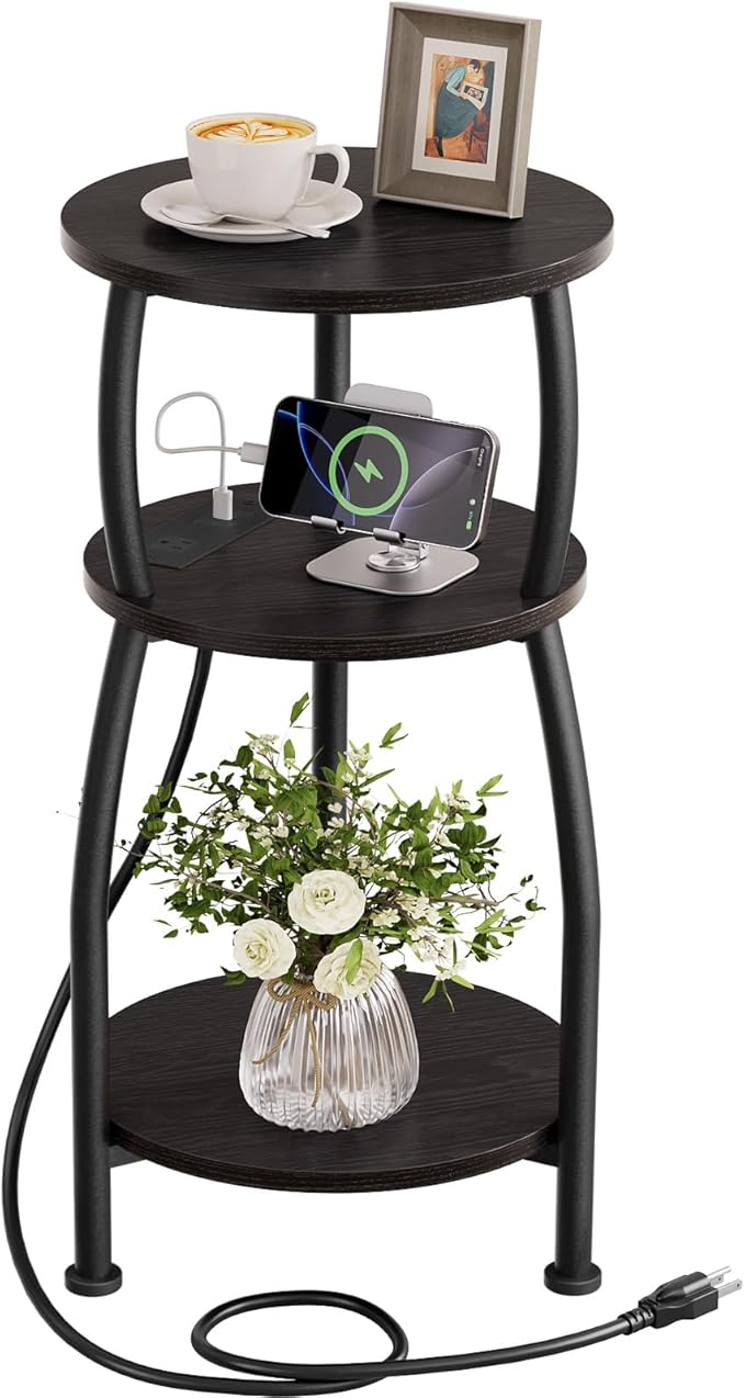 Round Side Table with Power Outlet & USB Ports, 3-Tier End Table with Storage Shelf, Modern Rustic Nightstand, Small Spaces Accent Table for Living Room Bedroom, Easy Assembly, Black