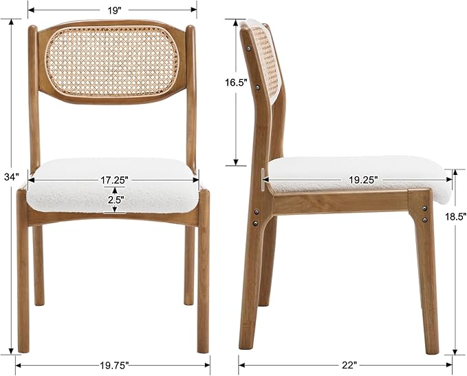 EALSON Farmhouse Rattan Dining Chairs Set of 2 Modern Mid Century Wood Dining Room Chairs with Cane Back Upholstered Sherpa Boucle Kitchen Side Chairs for Living Dining Room,Cream