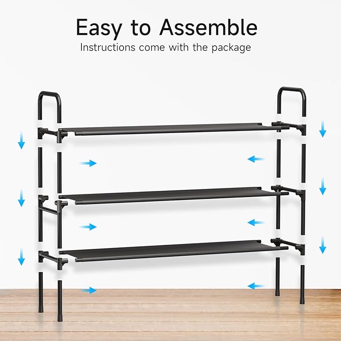 3 Tier Shoe Rack, Shoe Organizer for 18 Pairs of Shoes, Black Non-Woven Fabric Shoe Storage Shelf for Closet, Entryway, Garage, Corridor, Long Shoe Shelves