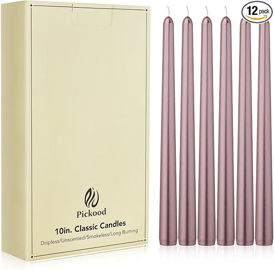 New Burning Formula Unscented Dripless 10-Inch Taper Candles Set of 12 - Rose Gold, for Wedding, Dinner - Smokeless, Long Burning - Hand Poured, Colored Tall Candlesticks - Oro Rosa