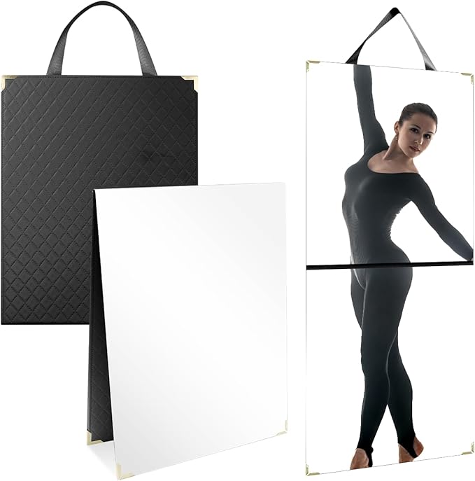 Foldable Portable Full Length Mirror, Hanging Folding Mirror with Handle, Frameless Shatterproof Hanging for Camping, Travel, Dance, RV, Home Fitness, Gift (Black, 33x13 Inch)