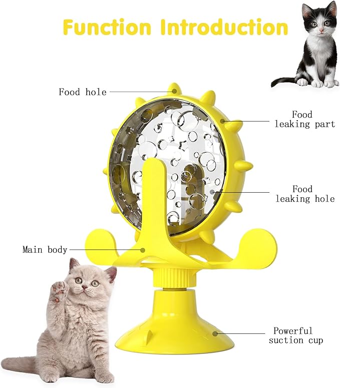 Cat Dog Treat Dispenser Toy - Cat Interactive Feeder Pet Food Toys Feeder 360° Degree Rotating Food Leakage Device Rotate with Strong Suction Cup Money Wheel Shape (Yellow)
