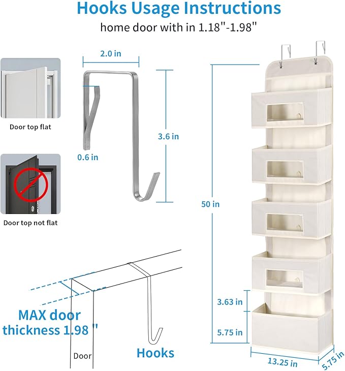MAX Houser 5-Shelf Over The Door Hanging Organizer with 2 Metal Hooks，5 Pocket Over The Door Wall Mount Storage with Clear Windows for Baby Nursery Bathroom Closet,Bedroom,Dorm(Beige-2 Pack)