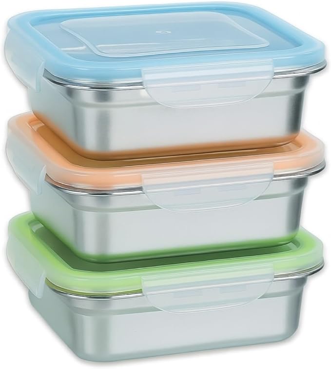 Set of 3 Stainless Steel Sandwich Containers - Food Grade Metal Base with a BPA Free Leakproof & Airtight Silicone Seal Lid. Great for Sandwiches, Snacks, Meal Prep & Food Storage - Blue/Green/Orange