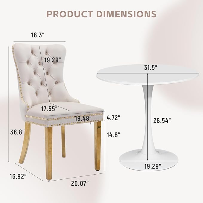 SoarFlash Kitchen Table and Chairs for 2, 31.5" Dining Table Set for 2 with Velvet Upholstered Chairs, 3 Piece Round Kitchen Table Set, Dining Room Table Set for Small Space, Apartment, Beige/White