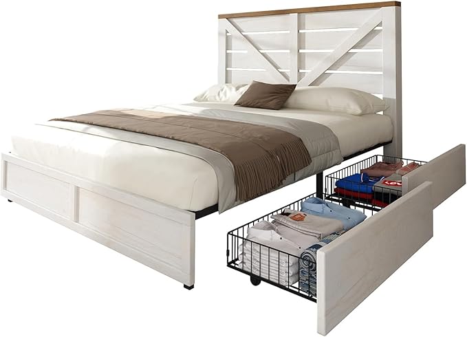 AMERLIFE Full Size Farmhouse Bed Frame with 4 Drawers, Wooden Storage Bed Frame with Headboard and Heavy Duty Metal Slats, Noisy Free, Easy Assemble, White/Barnwood