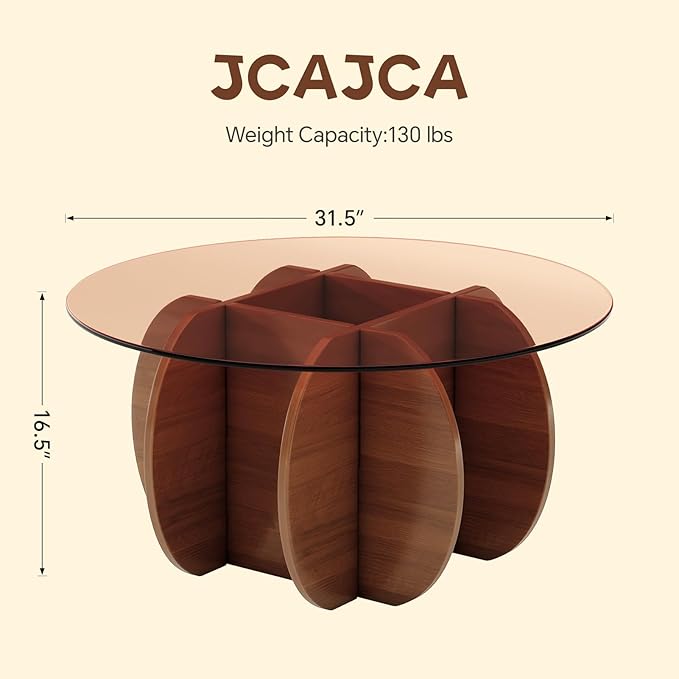 Coffee Table for Living Room Mid Century Modern Round Center Table with Glass Top and Wood, Walnut Brown