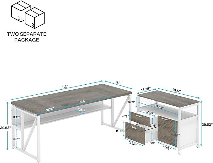 Tribesigns L Shaped Desk with Drawer Cabinet, 63" Executive Computer Desk and lateral File Cabinet, 2 Piece Home Office Furniture with Drawers for Hanging File, Doors with Locks (Dark Oak, 63-inches)