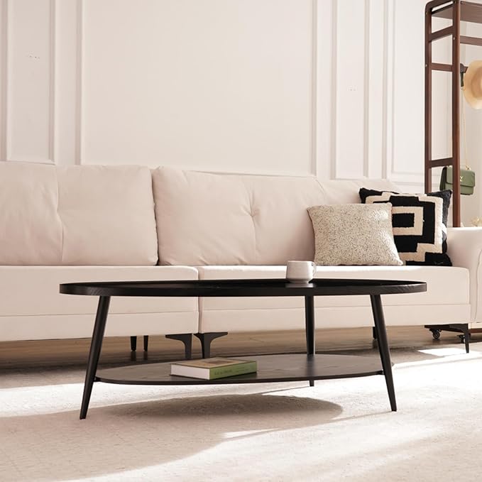 Shrine Black Oval Coffee Table, Mid-Century Modern Coffee Table, Black Walnut Wood Table for Living Room, D47''x W23.6''x H15'', Sleek Conical Metal Legs with Black Finish