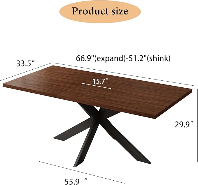 ZckyCine 51"-67" Extendable Dining Table, Modern Walnut Finish Table with Sturdy Metal Frame, Rectangular Kitchen Table for 6-8 People, Easy Assembly