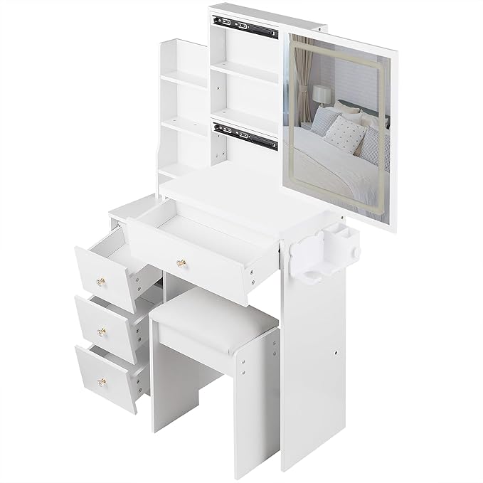 Makeup Vanity Desk Set with LED Lights, 3-Mode Adjustable Lights, Small Vanity with Chair，Compact Space Storage Shelves, Hair Dryer Holder Compact Vanities Table for Bedroom, White
