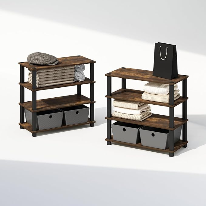 Furinno Turn-N-Tube Storage Shelves Set of 2, 4-Tier Stackable Standing Shelf, Open Corner Shelf, for Organization and Storage, Living Room, Garage, Home Office, Amber Pine