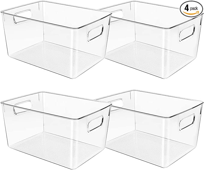 Clear Plastic Storage Bins, Pantry Organizers and Storage or Kitchen Organization and Storage Containers Bins for Organizing, Fridge, Freezer, Bathroom, Pantries, Refrigerator, Cabinet Organizer Bin