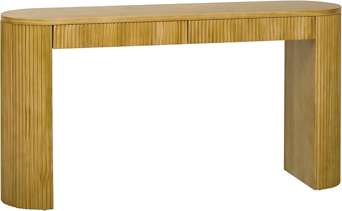 58.2-Inch Console Table with Dual Drawers, Pine Veneer, Natural Wood Grain, Striped Design, Arched Legs, Adjustable Feet for Living Room, Hallway, Foyer