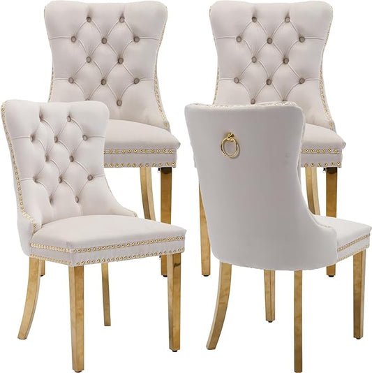 Luxury Upholstered Dining Chairs Set of 4, Beige Kitchen Chair with Golden Metal Legs, Velvet Tufted Back Dining Chair, Sillas de Comedor, Modern Kitchen & Dining Room Chairs (Beige, 4 Pcs)
